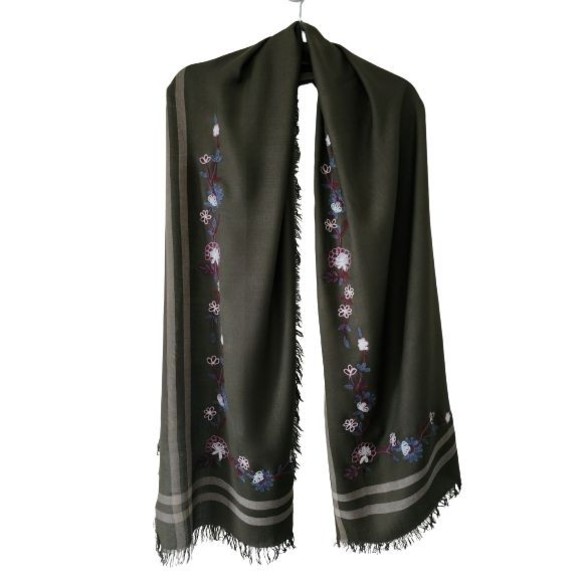 Isa & Stef Womens Embroidered Scarf Wrap Viscose Military Green Fringe 24"x74" - Picture 1 of 8